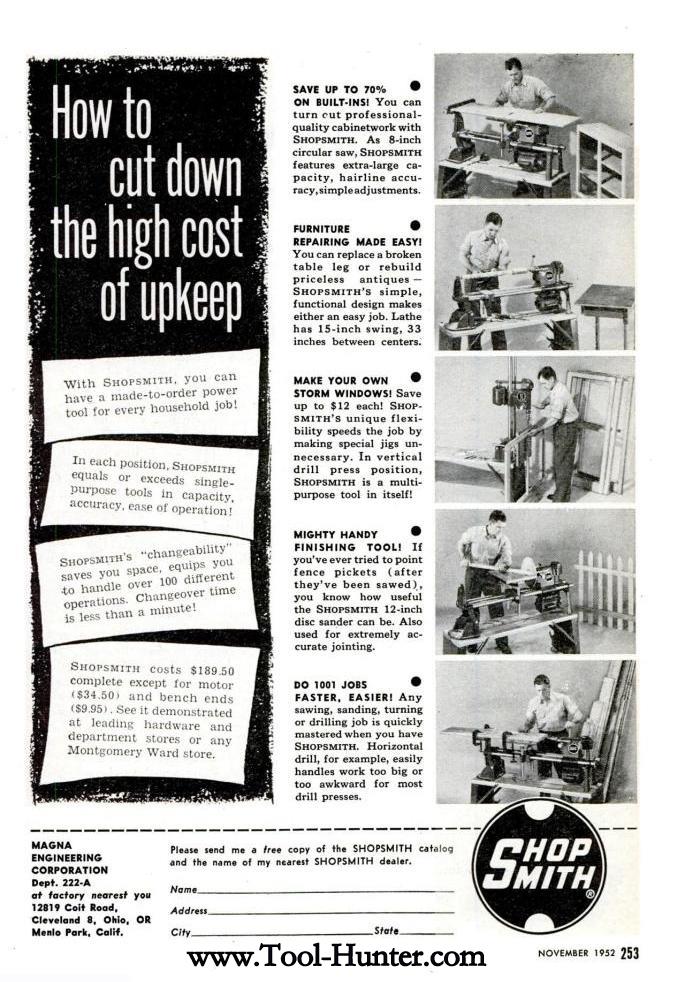 1952 Magna Shopsmith 10er Ad "How to Cut Down the High Cost of Upkeep
